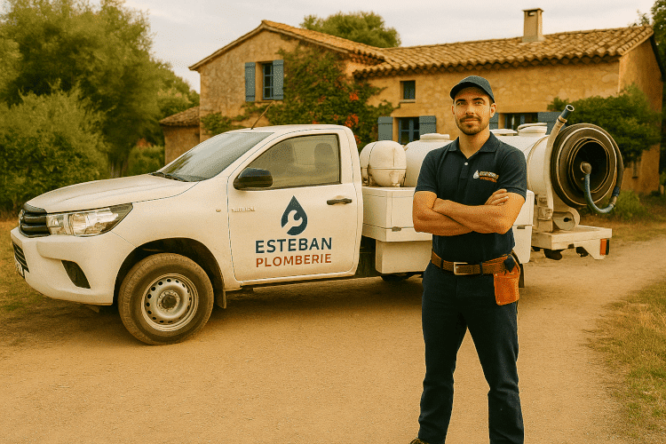Véhicule débouchage canalisation devant maison avec plombier